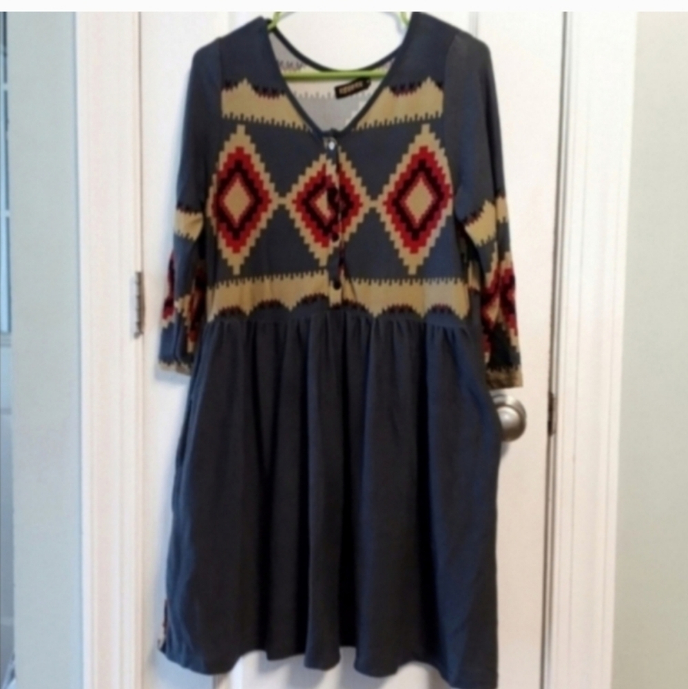 Reborn Stylish Women's Midi Dress Gray Red Black Tan Aztec Southwest XL Festival